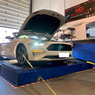 White Mustang EcoBoost on dynamometer